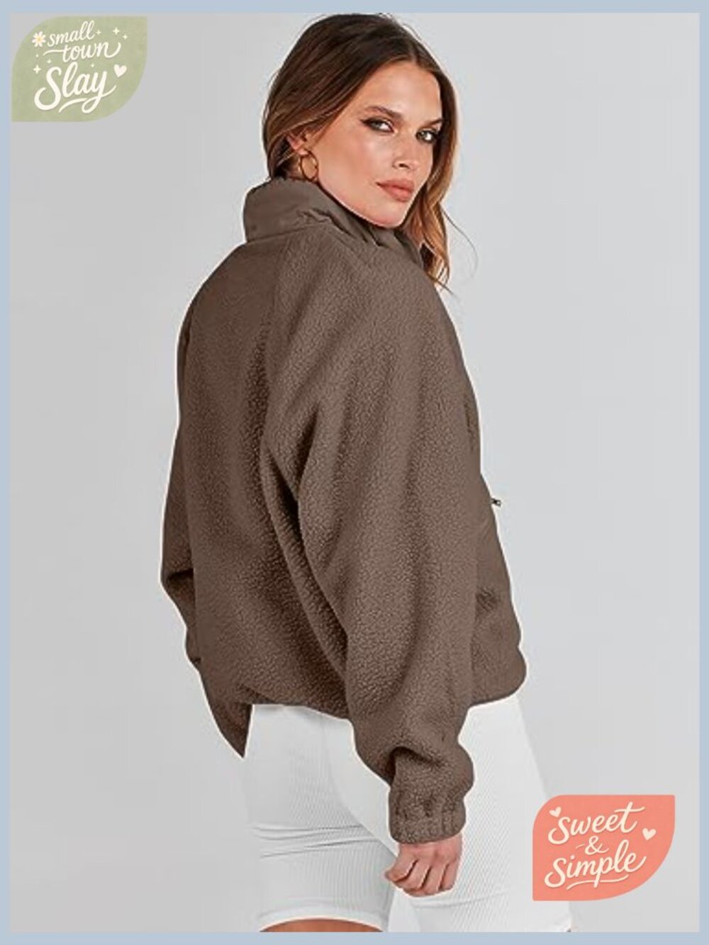 Womens Fuzzy Fleece Cropped Shacket with Pockets Long Sleeve Button Down Sherpa - Picture 6 of 7